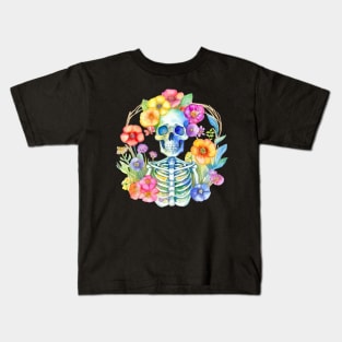 Rebirth - Watercolor Skeleton With Flowers Kids T-Shirt